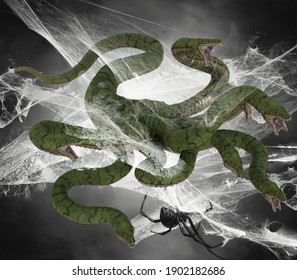 3D Illustration Of Fantasy Showing Seven Headed Hydra Monster Caught In A Spider Web