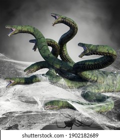 3D Illustration Of Fantasy Showing Seven Headed Hydra Monster Caught In A Spider Web