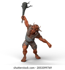 3D Illustration Of A Fantasy Troll Creature Waving A Large Wooden Club Weapon Isolated On A White Background.