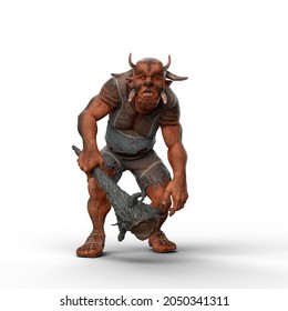 3D Illustration Of A Fantasy Troll Holding A Large Wooden Club Weapon Isolated On A White Background.