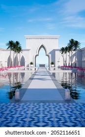 3D Illustration Of A Fantasy White Stone Temple Building By The Sea With Arabic Styled Architecture.