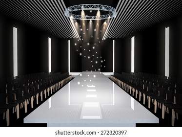 3D Illustration Of Fashion Empty Runway With Spot Light. Before A Fashion Show