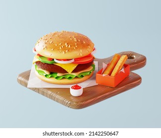 3d illustration of fast food, with cheeseburger, french fries, and sauce on a wooden cutting board. 3D rendering of a cartoon lunch. - Powered by Shutterstock