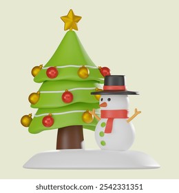 3D illustration featuring a snowman and decorated Christmas tree, perfect for festive holiday designs, digital greetings, and seasonal displays with a winter wonderland feel. - Powered by Shutterstock