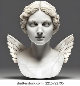 3D Illustration Featuring A White Marble Bust Of A Female Angel With Wings.