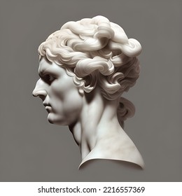 3D Illustration Featuring A White Marble Statue Bust Side Profile Of An Ancient Greek Or Roman Man With Chiseled Features.