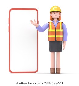 3D illustration of a Female engineer Pam with big phone.Portraits of cartoon characters standing man pointing finger at screen,Engineer presentation clip art isolated on white background.
 - Powered by Shutterstock