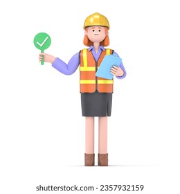 3D illustration of Female engineer Pam standing confusedly to choose yes. Concept of choice, selection, answer, reply, accept of refuse. 3D rendering on white background.
 - Powered by Shutterstock