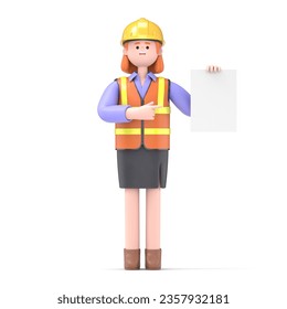 3D illustration of Female engineer Pam holding white blank board. Portraits of the cartoon character stands with one hand holding the display board and the other pointing to the board, Advertising boa - Powered by Shutterstock