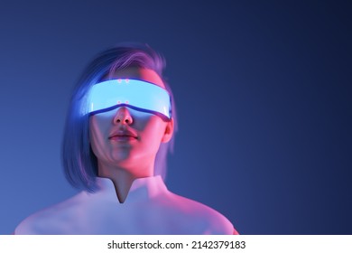 3d illustration of female using bright futuristic VR glasses for exploring cyberspace and Metaverse on dark blue background
