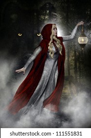 3D illustration of a female wearing a long gown and dark red hooded cloak carrying a lantern walking through the forest.  Behind her is a wolf with big yellow piercing eyes.