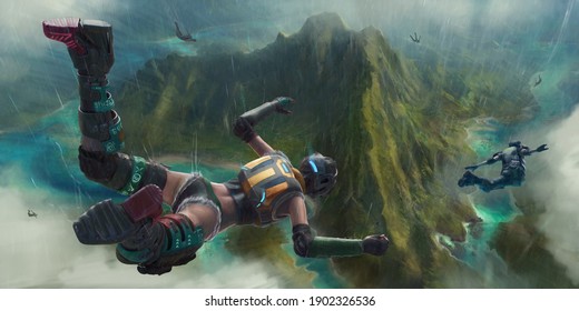 3d illustration of fictional characters falling to the ground.