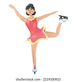 3D Illustration Figure Skating Icon, Female In Red Dress, Skates, Ice