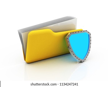 3D Illustration File Folder And Sheild. Data Security Concept