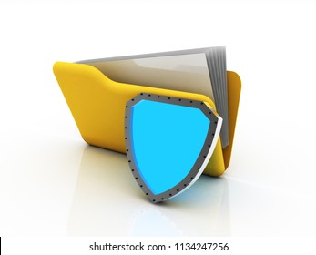 3D Illustration File Folder And Sheild. Data Security Concept