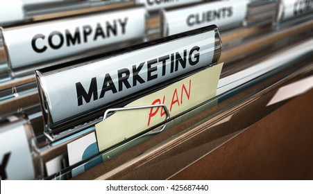 3D illustration of a file tab with focus on the text marketing plan. Concept of business strategic planning.