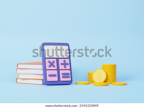 3D illustration\
finance education concept. book basic math operation symbols\
calculator math, plus, minus, multiplication, number divide cartoon\
minimal on blue\
background