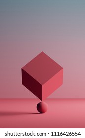 3d Illustration. Fine Image Of Balanced Cube On Ball. Abstract Cuncept Of Balance.