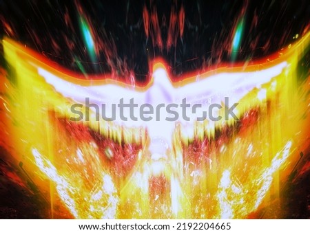 3D illustration of a firebird flapping its wings in the dark