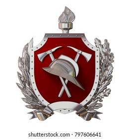 3d Illustration. Fireman Badge. Silver Antique Helmet, Axes, Red Shield, Olive Branch, Oak Branch, Ribbon. Isolated. 3D Modeling