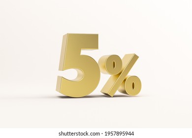 3d illustration five percent golden isolated on white background. 3d rendering for advertising. 5% off on sale.