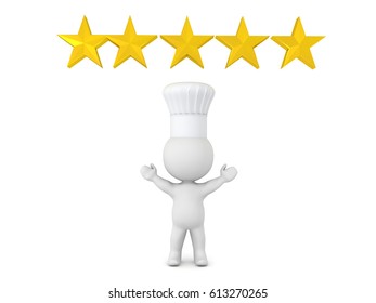 3D Illustration Of Five Star Chef Wearing A Chef Hat With 5 Golden Stars Above Him
