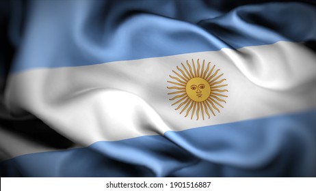 3d Illustration Flag Of Argentina. Close Up Waving Flag Of Argentina. Flag Symbols Of Argentina.