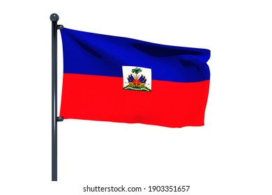 3D illustration of flag of Haiti with chrome flag pole with snap hooks Waving in blue sky. White background via an alpha channel of great precision.