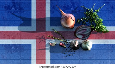 3d Illustration Of The Flag Of Iceland And Food For A Healthy Diet