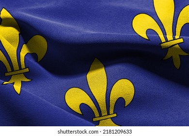 3D illustration flag of Ile-de-France is a region of France. Waving on the wind flag textile background
