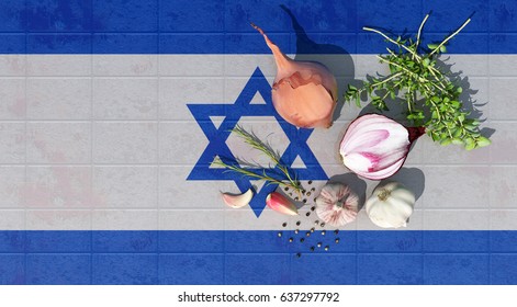 3d illustration of the flag of Israel and food for a healthy diet