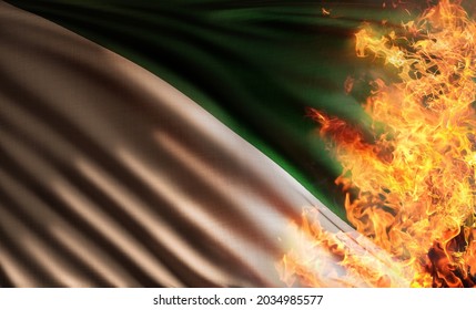 3D Illustration Of The Flag Of Siberia Burnt By The Hot Flames Of Arson Wildfires Due To Summer Global Warming.