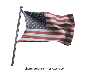 3d illustration - Flag of USA on Flag pole in Blue Sky. USA Flag for Independence Day, celebration, election. The symbol of the state on wavy cotton fabric.