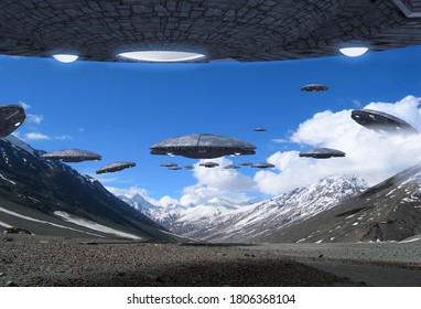 3D Illustration of a fleet of alien UFO spaceships flying in the Himalayan mountains, for futuristic, fantasy and war game backgrounds.
