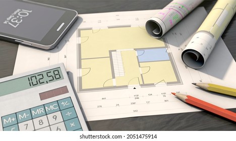 3D illustration, Floor plan with media plan, pens, calculator and smartphone. 