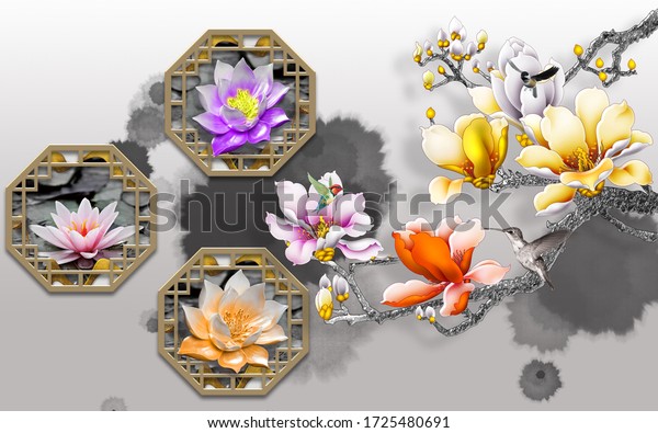  3d illustration of floral branches and wall murals