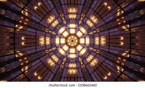 A 3D illustration of a flower shaped kaleidoscopic pattern with enlightened yellow led lights