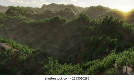 3D illustration of foggy forest. - Shutterstock ID 2133010295