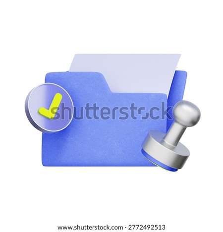 3D illustration of folder with checkmark icon and stamp for approval, verified document, project completion, quality assurance, and compliance.