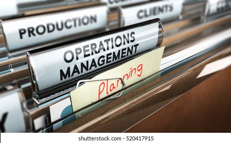 3D illustration of a folder, focus on a tab with the text operations management and a note with the word planning. concept of production process organization.