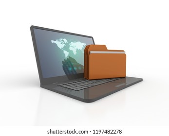 3d illustration of folder networking with computer. Folder networking concept.