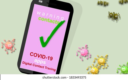 3D Illustration. Follower, Tracking COVID-19 Apps. Mobile Software Applications. Digital Contact Tracing In Response To The Coronavirus. Identifying, Search For Possibly Infected Individuals.