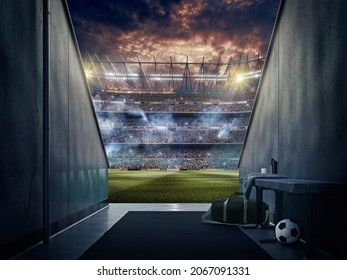 3d Illustration Of Football Stadium Entrance Full Of People.