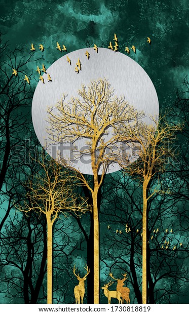 3d illustration of forest at evening with golden deer. Luxurious abstract digital painting for healthcare wall art. 