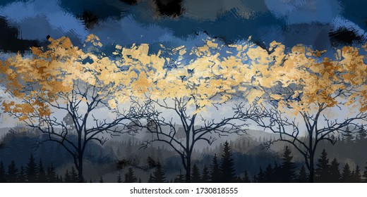 3d illustration of forest at night. Luxurious abstract art digital painting for wallpaper