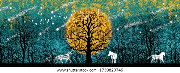 3d illustration of forest and white horse. Luxurious abstract art digital painting for wallpaper