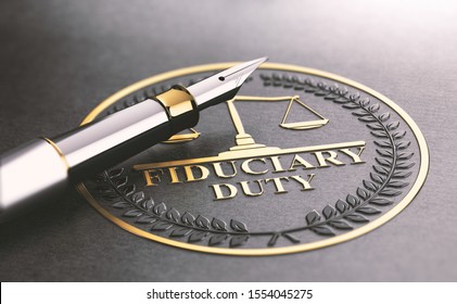 3D Illustration Of A Fountain Pen And A Golden Stamp Where It Is Written The Text Fiduciary Duty. Legal Responsibilities Concept.