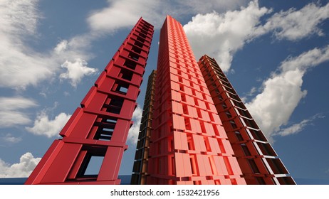 3D Illustration Of Four Buildings Of Great Many Blocks After Falling Down With A Blue Sky And Some Clouds