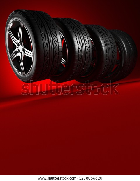 3d illustration. Four car wheels on red\
background. Poster or cover\
design.