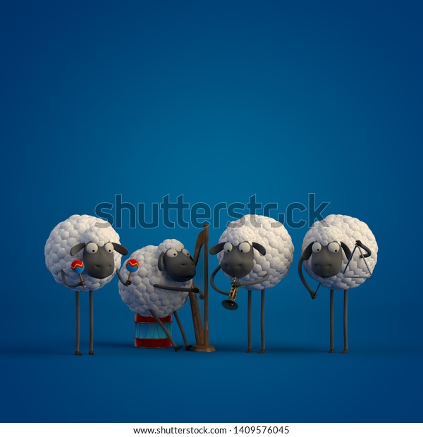 3d illustration four cute cartoon sheeps\
playing music on dark blue\
background